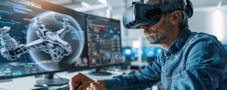 Man using virtual reality headset to control drone in modern office, exploring new technology