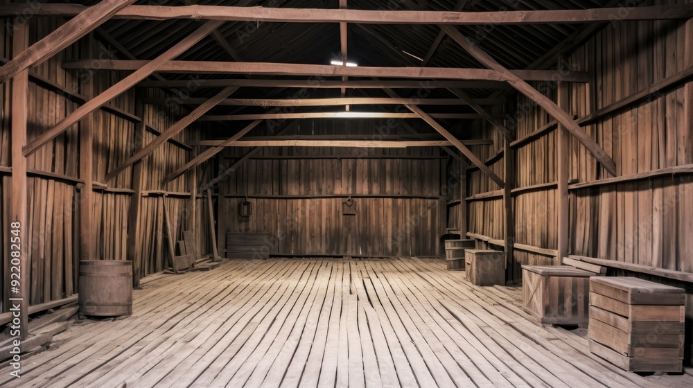 Wall mural barn with wooden walls and floor.