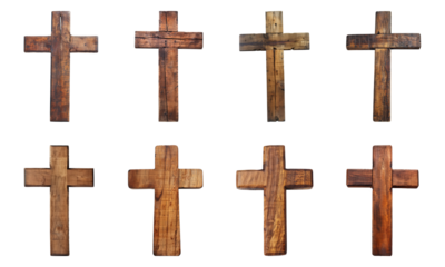 Collection of wooden Christian crosses, Church crosses isolated on a transparent background, religion symbol, cut-out, PNG