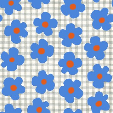 blue fower on gray checkered pattern.