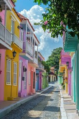 A street in a historic town, with the houses painted in a rainbow of pastel colors. 