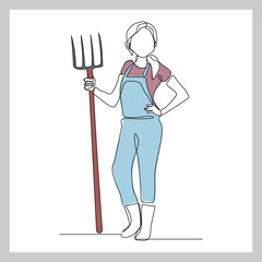 Continuous single line sketch drawing of farmer woman worker holding fork farming tool. One line art of occupation professional worker vector illustration