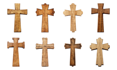 Collection of wooden Christian crosses, Church crosses isolated on a transparent background, religion symbol, cut-out, PNG