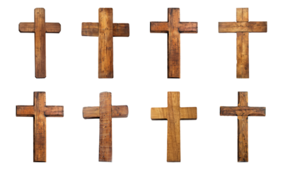Collection of wooden Christian crosses, Church crosses isolated on a transparent background, religion symbol, cut-out, PNG