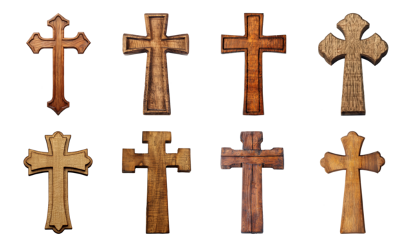 Collection of wooden Christian crosses, Church crosses isolated on a transparent background, religion symbol, cut-out, PNG
