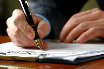 Close-up of Hand Signing a Document with a Fountain Pen.