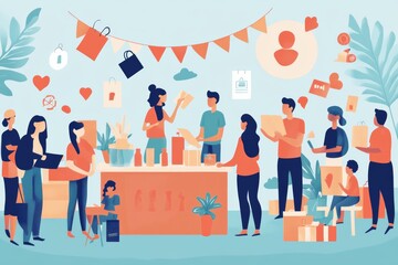 heartwarming charity event flat illustration, featuring people from various backgrounds participating in activities like fundraising, donating, volunteering, with a cheerful and inclusive design