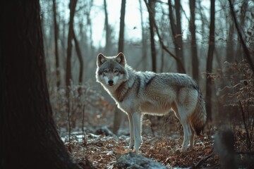 Obraz premium photo of a grey wolf standing in the woods 