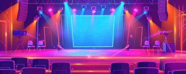 Talent show stage with empty jury chairs, illuminated in soft lighting. Free copy space for text.