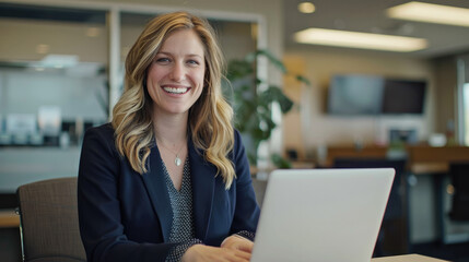 Business woman sitting at laptop at home and smiling. Remote work from home.