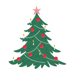 Christmas tree decorated with star, red balls and candles. Holiday fir tree isolated on transparent background. Festive Winter design element. Traditional symbol. Flat design vector illustration.