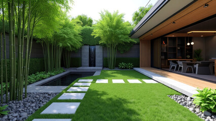 Modern zen garden design featuring a water feature, bamboo plants, and lush greenery, all arranged around a stepping stone pathway that leads to a serene and peaceful setting.