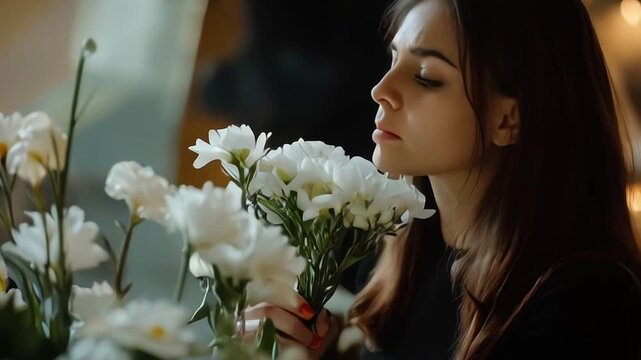 Funeral, sad and woman with flower on coffin after loss of a loved one, family or friend. Grief, death and young female putting a rose on casket in church with sadness, depression and mourning