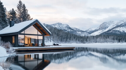 Fototapeta premium Secluded modern cabin with outdoor bench by snowy mount, nature living