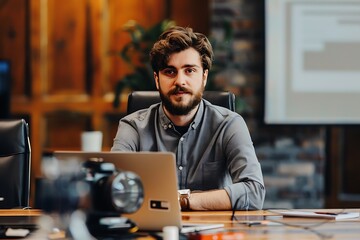 Fototapeta premium Confident Young Man in a Meeting Looking Directly at the Camera.