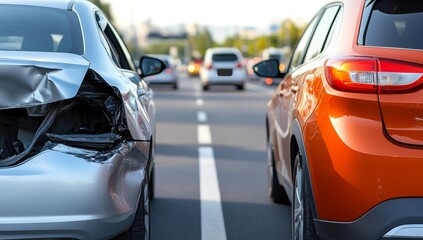 Close-Up of Accident Damage to Vehicle Front Ends, City Streets with Other Cars, Sun Rays Shining Through Clouds