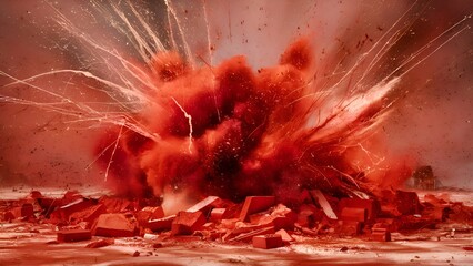 Flying pieces and powder of broken red brick like splashes
