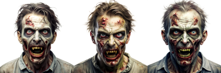 Set of zombie portraits on transparent background. Horror and thriller concept.