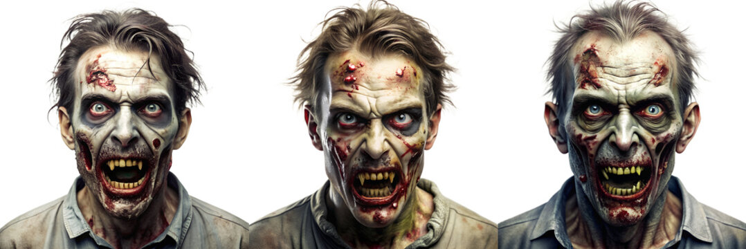 Set of zombie portraits on transparent background. Horror and thriller concept.