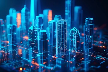 Obraz premium Abstract Cityscape with Neon Lights and Futuristic Architecture.
