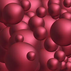 Background with red balls, blur effect. 3d round spheres. Geometric design elements circle ball pattern. Flying shapes in empty space. Design for poster, banner, placard. vector illustration. Eps 10