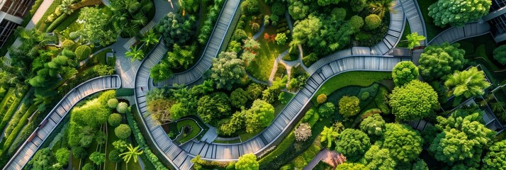 An aerial view of a beautifully landscaped urban park with winding pathways through lush greenery, symbolizing nature, urban design, sustainability, recreation, and tranquility.