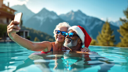An elderly couple, donning Santa hats, smiles as they take a selfie while enjoying a refreshing swim in a luxurious pool set against stunning mountain scenery on a sunny day.