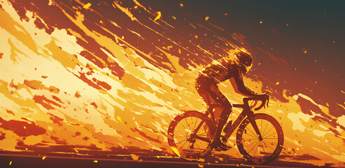 people riding a bike with burning fire on dark background, digital art style, illustration painting
