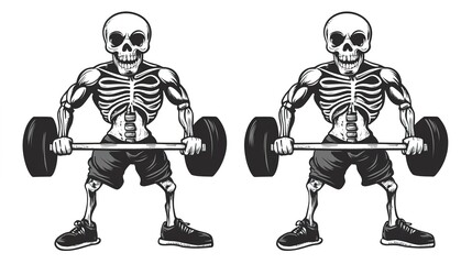 Two Cartoon Style Skeletons in 80's Gym Clothes, One Lifting Dumbbells and the Other with a Barbell, Thin Line Design for Vinyl Cutter Logo