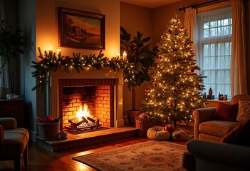 Festive Holiday Living Room: Create a Magical Atmosphere with a Sparkling Christmas Tree, Cozy Fireplace, and Flickering Candles