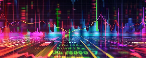 Colorful digital financial chart depicting market trends with vibrant lines and data points, symbolizing stock market analysis and business growth.