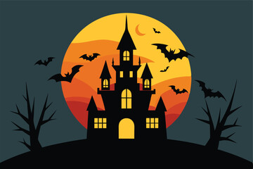 Spooky Haunted Castle with Pumpkins, Bats, and Full Moon in Halloween Night Scene. Halloween  scary Vector illustration background with castle and bats.