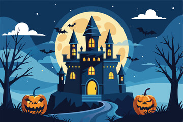 Haunted Castle with Jack-o'-Lanterns, Bats, and Full Moon on Halloween Night. Halloween  scary Vector illustration background with castle and bats.