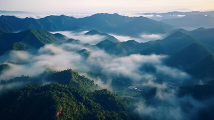 Fototapeta premium Foggy landscape in the jungle. Fog and cloud mountain tropic valley landscape