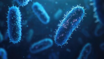 Fototapeta premium Microscopic View of Blue Bacteria Illuminated Blue Light in a Medical Concept Environment