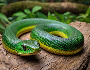 Obraz premium This image captures a stunning green snake coiled gracefully on a log in the forest, showcasing its intricate and vibrant scales, blending perfectly with the natural surroundings in the forest.