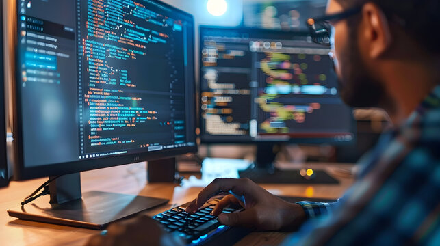 Programmer Working on a Computer with Code on Screen Photo