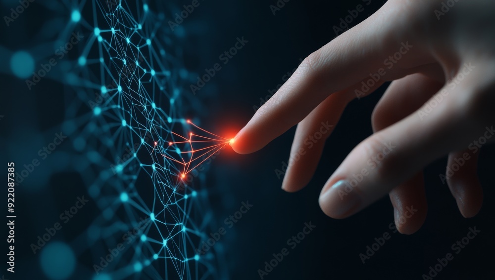 Wall mural finger touching electric spark, creating neural connection patterns on dark background, symbolizing 