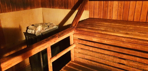 Shot of the inside of the sauna. Leisure