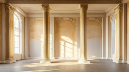 Obraz premium A large, empty room with three pillars and a high ceiling. The room is empty and has no furniture or decorations