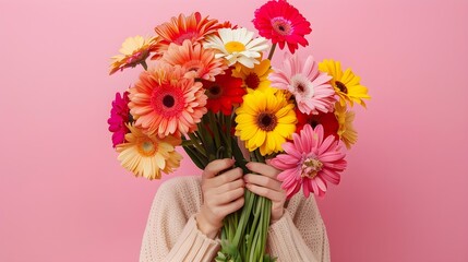 Crop anonymous person demonstrating bunch of colorful flowers against pink background