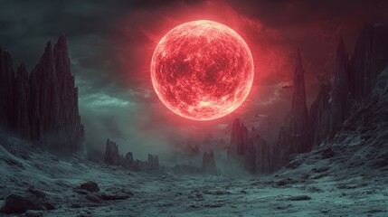 Fototapeta premium Dark Energy Menace - Sinister Red Spirit Bomb Looms Over Desolate Landscape with Eerie Glow and Sharp Shadows, Symbolizing Impending Doom