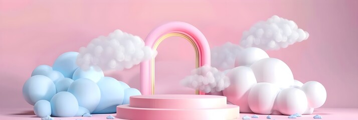 Obraz premium cute 3d podium presentation with clouds pink blue soft light
