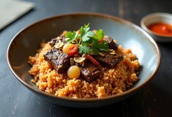 Fototapeta premium Fragrant Spiced Rice with Beef: A Vibrant and Aromatic Dish 