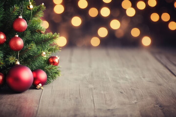 A beautifully adorned Christmas tree features shiny red ornaments, standing against a backdrop of warm, twinkling lights in a cozy space, creating a festive atmosphere.