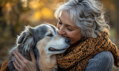 A senior woman joyfully leans in to share a tender with her loyal dog, capturing a heartfelt connection in a cozy outdoor setting