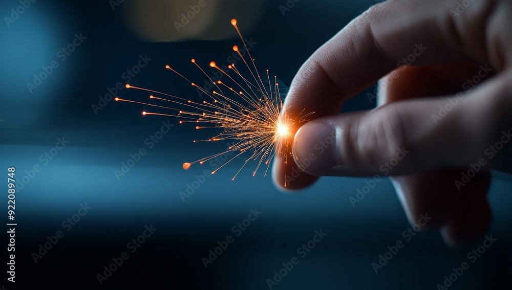 Wall mural finger touching electric spark, creating neural connection patterns on dark background, symbolizing 