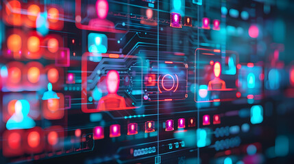 Fototapeta premium Abstract Background of Colorful Glowing Circles and Lines with 3D Human Icons in a Digital Network