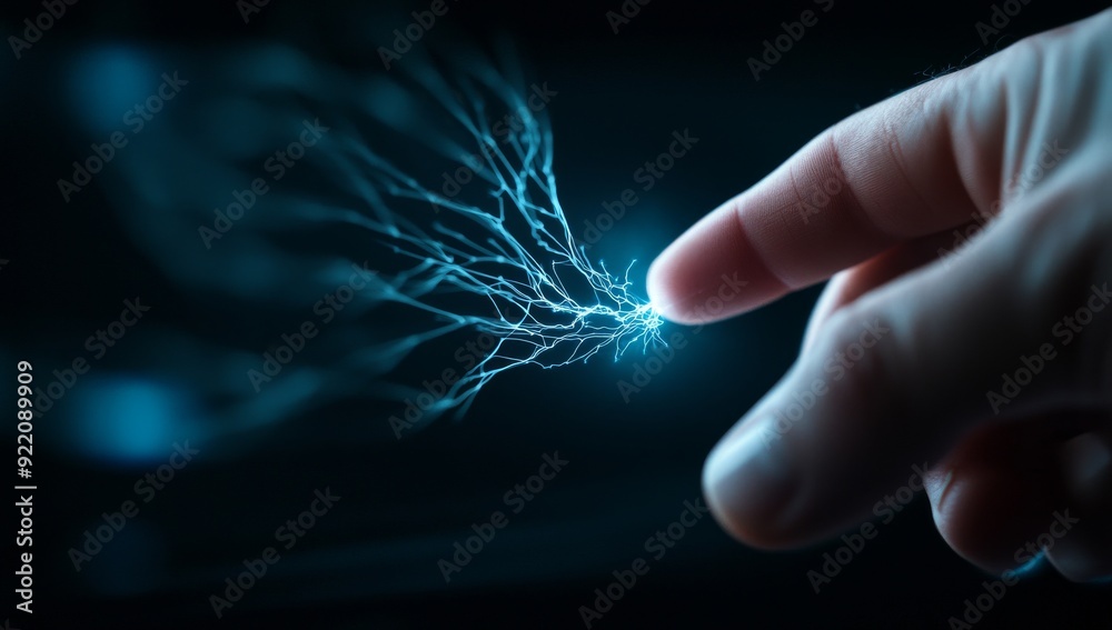 Wall mural finger touching electric spark, creating neural connection patterns on dark background, symbolizing 