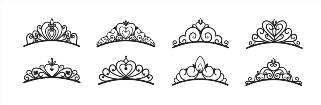 Set of different silhouettes of tiaras and crowns. Luxury prince and princess headdresses in doodle style.	